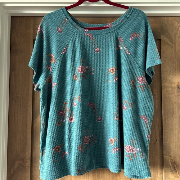 TORRID Womens 3X Waffle knit Top Green Floral Crew Neck Raglan Tee soft Cottage - Picture 1 of 9